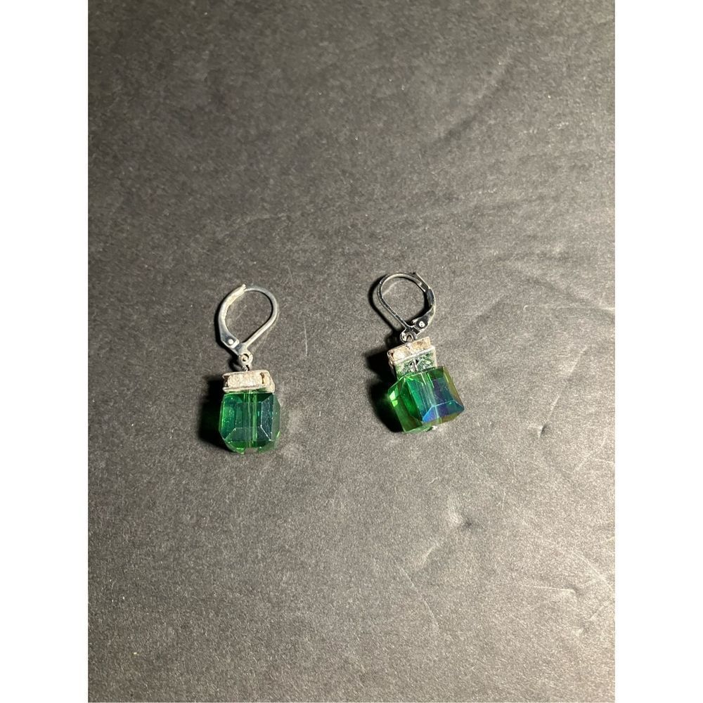 Green Cube & Crystal Earrings